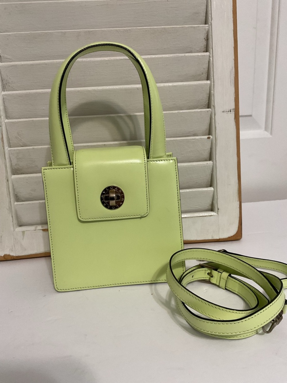 Bulgari Mini Top-Handle Bag in Lime Green with Detachable Strap